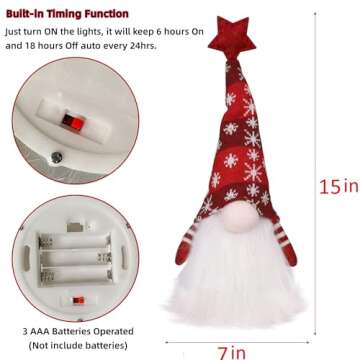 Juegoal 15" Lighted Christmas Gnome, Handmade Plush Scandinavian Swedish Tomte, Light Up Elf Toy Holiday Present, Battery Operated Winter Tabletop Christmas Decorations, 2 Set