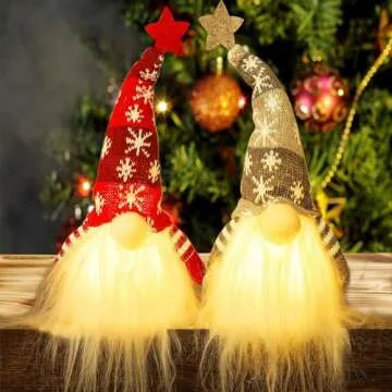 Juegoal 15" Lighted Christmas Gnome, Handmade Plush Scandinavian Swedish Tomte, Light Up Elf Toy Holiday Present, Battery Operated Winter Tabletop Christmas Decorations, 2 Set