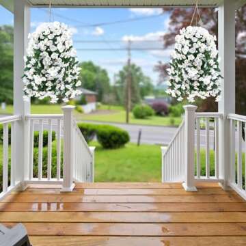 Sggvecsy Artificial Fake Hanging Flowers Plants for Outdoor Outside Spring Summer Decoration 2PCS Faux Silk UV Resistant Realistic Morning Glory Trailing Vines for Home Porch Patio Balcony(White)