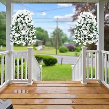 Sggvecsy Artificial Fake Hanging Flowers Plants for Outdoor Outside Spring Summer Decoration 2PCS Faux Silk UV Resistant Realistic Morning Glory Trailing Vines for Home Porch Patio Balcony(White)