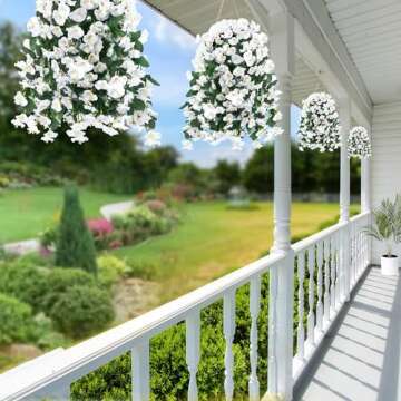 Sggvecsy Artificial Fake Hanging Flowers Plants for Outdoor Outside Spring Summer Decoration 2PCS Faux Silk UV Resistant Realistic Morning Glory Trailing Vines for Home Porch Patio Balcony(White)