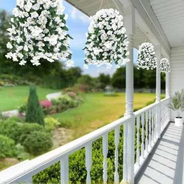 Sggvecsy Artificial Fake Hanging Flowers Plants for Outdoor Outside Spring Summer Decoration 2PCS Faux Silk UV Resistant Realistic Morning Glory Trailing Vines for Home Porch Patio Balcony(White)