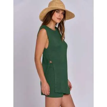 ANRABESS Women Summer 2 Piece Outfits Sleeveless Knit Sweater Top & Shorts Soft Lounge Sets Travel Beach 2025 Spring Clothes Forest Large