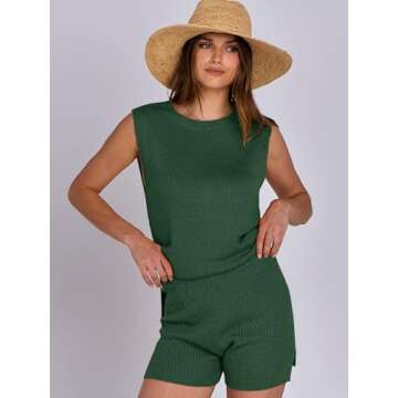 ANRABESS Women Summer 2 Piece Outfits Sleeveless Knit Sweater Top & Shorts Soft Lounge Sets Travel Beach 2025 Spring Clothes Forest Large