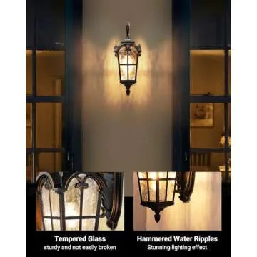 DEWENWILS Outdoor Wall Light Fixtures Wall Mount, Black Roman 17.7" H Exterior Wall Lantern, Anti-Rust & Waterproof, Water Ripple Glass, Outside Wall Sconce Porch Light for House, Garage