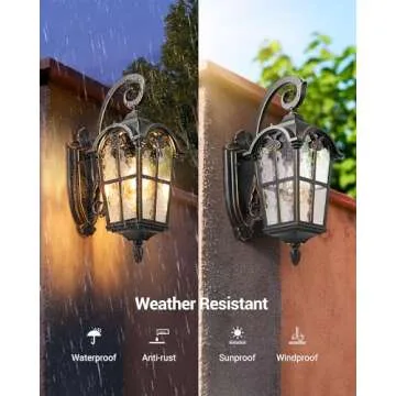 DEWENWILS Outdoor Wall Light Fixtures Wall Mount, Black Roman 17.7" H Exterior Wall Lantern, Anti-Rust & Waterproof, Water Ripple Glass, Outside Wall Sconce Porch Light for House, Garage