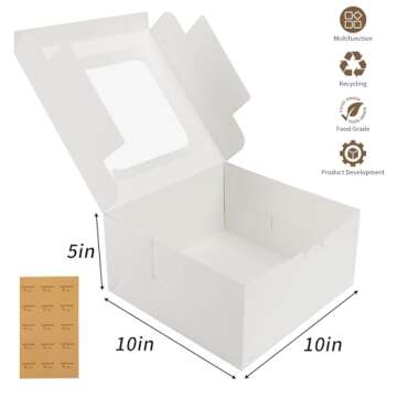 Moretoes 24pcs Cake Boxes, 10x10x5 Inches White Square Bakery Boxes with Window Cajas Pasteles for C...