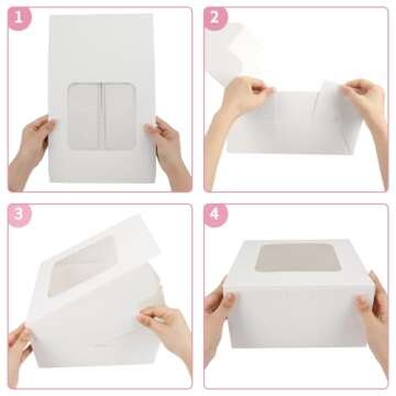 Moretoes 24pcs Cake Boxes, 10x10x5 Inches White Square Bakery Boxes with Window Cajas Pasteles for Cake, Valentine's Day, Pastries, Chocolates, Cookies, Pie, Birthday Party, Wedding, Easter