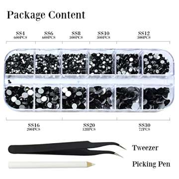 2500Pcs Rhinestones for Nail Art, Charms for Nails, Set of 8 Sizes (ss4-ss30) 3D Nail Charms, with Picking Pen & Tweezer, Nail Charms for Nail Art 3D Design Christmas Gifts (Black)