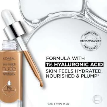L’Oréal Paris True Match Nude Hyaluronic Tinted Serum Foundation with 1% Hyaluronic acid, Medium Deep 8.5-9.5, 1 fl. oz.