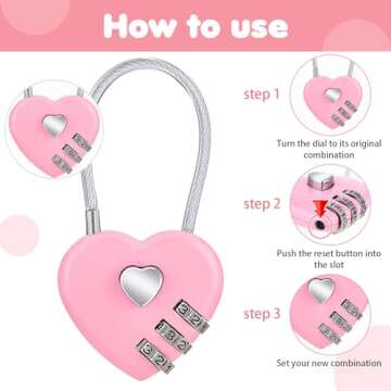 Andibro 3 Pcs Heart Combination Locks - Cute Mini Cable Padlocks for Travel & Security