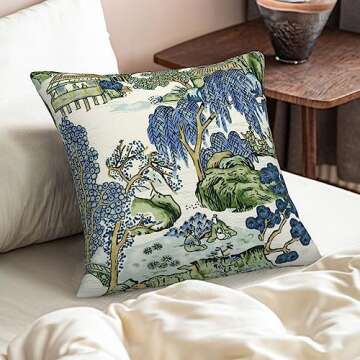 Wsunsal Chinoiserie Pillow Covers 18x18 Inch Set of 2, Asian Scenic Blue and Kelly Green Throw Pillo...