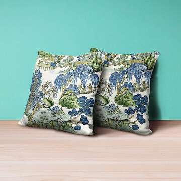 Wsunsal Chinoiserie Pillow Covers 18x18 Inch Set of 2, Asian Scenic Blue and Kelly Green Throw Pillows Farmhouse Chinoiserie Outdoor Decorative Pillowcase Linen Cushion Cover for Home Sofa Bedroom