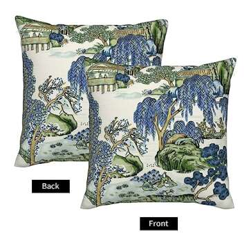 Wsunsal Chinoiserie Pillow Covers 18x18 Inch Set of 2, Asian Scenic Blue and Kelly Green Throw Pillows Farmhouse Chinoiserie Outdoor Decorative Pillowcase Linen Cushion Cover for Home Sofa Bedroom