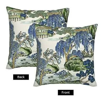 Wsunsal Chinoiserie Pillow Covers 18x18 Inch Set of 2, Asian Scenic Blue and Kelly Green Throw Pillows Farmhouse Chinoiserie Outdoor Decorative Pillowcase Linen Cushion Cover for Home Sofa Bedroom