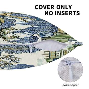 Wsunsal Chinoiserie Pillow Covers 18x18 Inch Set of 2, Asian Scenic Blue and Kelly Green Throw Pillows Farmhouse Chinoiserie Outdoor Decorative Pillowcase Linen Cushion Cover for Home Sofa Bedroom