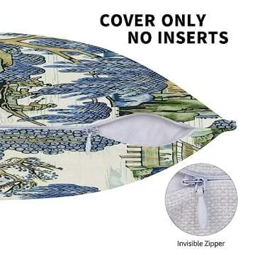 Wsunsal Chinoiserie Pillow Covers 18x18 Inch Set of 2, Asian Scenic Blue and Kelly Green Throw Pillows Farmhouse Chinoiserie Outdoor Decorative Pillowcase Linen Cushion Cover for Home Sofa Bedroom
