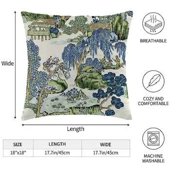 Wsunsal Chinoiserie Pillow Covers 18x18 Inch Set of 2, Asian Scenic Blue and Kelly Green Throw Pillows Farmhouse Chinoiserie Outdoor Decorative Pillowcase Linen Cushion Cover for Home Sofa Bedroom