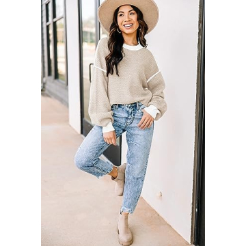 Womens Sweaters Fall 2025 Fashion Long Sleeve Color Block Oversized Sweaters Trendy Casual Crew Neck Knitted Tops Pullover(XL.Apricot)