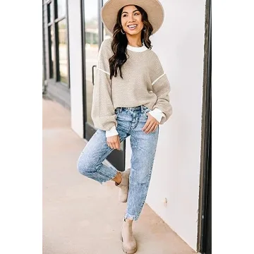 Womens Sweaters Fall 2025 Fashion Long Sleeve Color Block Oversized Sweaters Trendy Casual Crew Neck Knitted Tops Pullover(XL.Apricot)