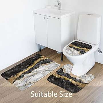 MitoVilla 4 Pcs Black Marble Shower Curtain Sets with Rugs, Black Grey Gold Modern Bathroom Accessories Decor with Bath Mats, Gray