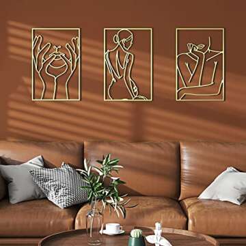 Gold Wall Decor Set of 3, Real Metal Wall Art, Modern Gold Room Decor, Abstract Single Line Art Fema...