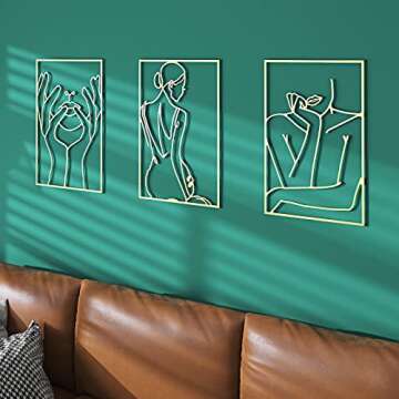Gold Wall Decor Set of 3, Real Metal Wall Art, Modern Gold Room Decor, Abstract Single Line Art Female Body Minimalist Wall Decor for Bedroom, Home Wall Sculptures Accent Decor for Living Room and