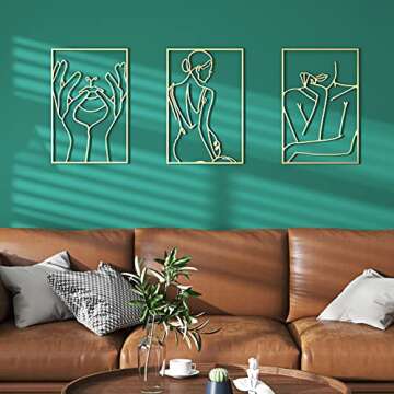 Gold Wall Decor Set of 3, Real Metal Wall Art, Modern Gold Room Decor, Abstract Single Line Art Female Body Minimalist Wall Decor for Bedroom, Home Wall Sculptures Accent Decor for Living Room and