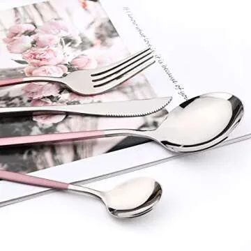 Snplowum Mirror Cutlery Serving Set, 24-piece 18/0 Stainless Steel Silverware With Pink Handle Simpl...