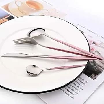 Snplowum Mirror Cutlery Serving Set, 24-piece 18/0 Stainless Steel Silverware With Pink Handle Simple & Modern Tableware For Home Party Restaurant Christmas Dinner, Service For 6 (Pink Silver)