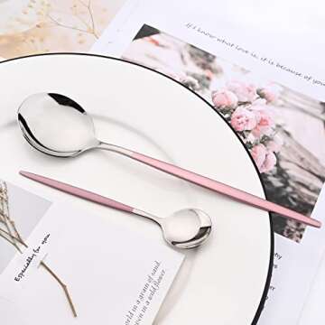 Snplowum Mirror Cutlery Serving Set, 24-piece 18/0 Stainless Steel Silverware With Pink Handle Simple & Modern Tableware For Home Party Restaurant Christmas Dinner, Service For 6 (Pink Silver)