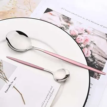 Snplowum Mirror Cutlery Serving Set, 24-piece 18/0 Stainless Steel Silverware With Pink Handle Simple & Modern Tableware For Home Party Restaurant Christmas Dinner, Service For 6 (Pink Silver)