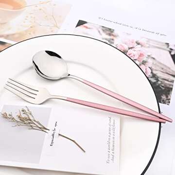 Snplowum Mirror Cutlery Serving Set, 24-piece 18/0 Stainless Steel Silverware With Pink Handle Simple & Modern Tableware For Home Party Restaurant Christmas Dinner, Service For 6 (Pink Silver)