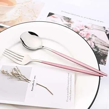 Snplowum Mirror Cutlery Serving Set, 24-piece 18/0 Stainless Steel Silverware With Pink Handle Simple & Modern Tableware For Home Party Restaurant Christmas Dinner, Service For 6 (Pink Silver)