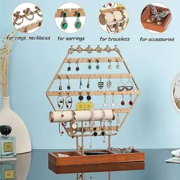 QILICHZ Earring Holder Stand/ Organizer 6-Tier Hexagonal Jewelry Organizer with Wooden Tray for Storage and Showcase (Gold 6-Tier)