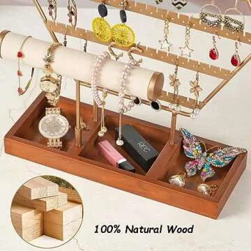 QILICHZ Earring Holder Stand/ Organizer 6-Tier Hexagonal Jewelry Organizer with Wooden Tray for Storage and Showcase (Gold 6-Tier)