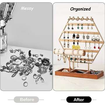 QILICHZ Earring Holder Stand/ Organizer 6-Tier Hexagonal Jewelry Organizer with Wooden Tray for Storage and Showcase (Gold 6-Tier)