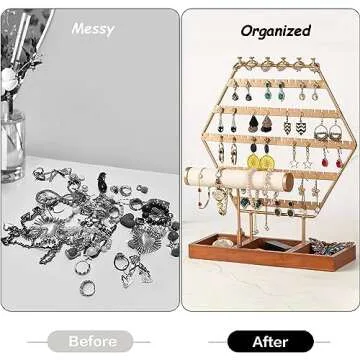 QILICHZ Earring Holder Stand/ Organizer 6-Tier Hexagonal Jewelry Organizer with Wooden Tray for Storage and Showcase (Gold 6-Tier)