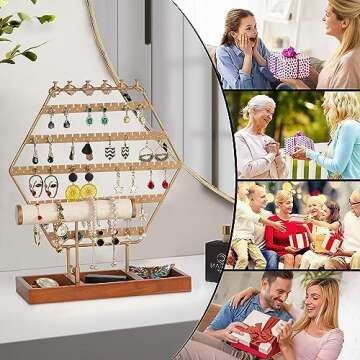 QILICHZ Earring Holder Stand/ Organizer 6-Tier Hexagonal Jewelry Organizer with Wooden Tray for Storage and Showcase (Gold 6-Tier)