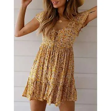 SAIKESIGIRL Womens Chiffon Swing Dress Buttons Cap Sleeve Ruffle Flare T Shirt Dress Yellow