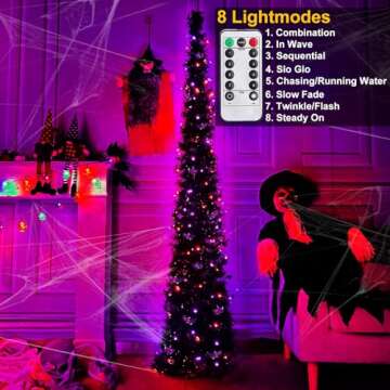 [Remote Control & Timer]6 Ft 60 LED Tinsel Halloween Tree Decor with Orange & Purple Lights 8 Modes ...