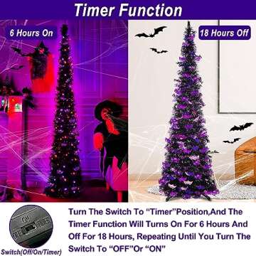[Remote Control & Timer]6 Ft 60 LED Tinsel Halloween Tree Decor with Orange & Purple Lights 8 Modes Black Tinsel Christmas Tree Bats Battery Operated Pop Up Artificial Tree Indoor Outdoor Decorations