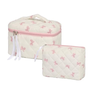 Hyfant 2Pcs Cotton Quilted Makeup Bag Cute Floral Cosmetic Bag with Zipper Portable Travel Toiletry ...