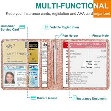 RSAquar Car Registration and Insurance Holder, Vehicle Glove Box Car Organizer Men Women Wallet Accessories Case for Cards, Essential Document, Driver License, Rose Gold Glitter