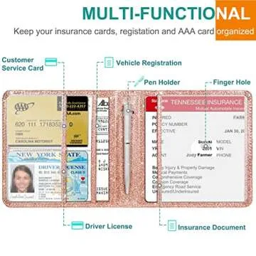 RSAquar Car Registration and Insurance Holder, Vehicle Glove Box Car Organizer Men Women Wallet Accessories Case for Cards, Essential Document, Driver License, Rose Gold Glitter