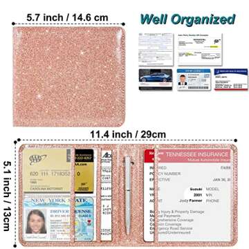 RSAquar Car Registration and Insurance Holder, Vehicle Glove Box Car Organizer Men Women Wallet Accessories Case for Cards, Essential Document, Driver License, Rose Gold Glitter