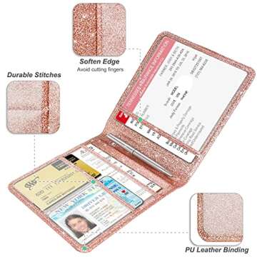 RSAquar Car Registration and Insurance Holder, Vehicle Glove Box Car Organizer Men Women Wallet Accessories Case for Cards, Essential Document, Driver License, Rose Gold Glitter