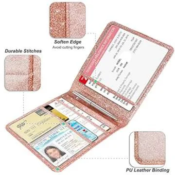 RSAquar Car Registration and Insurance Holder, Vehicle Glove Box Car Organizer Men Women Wallet Accessories Case for Cards, Essential Document, Driver License, Rose Gold Glitter