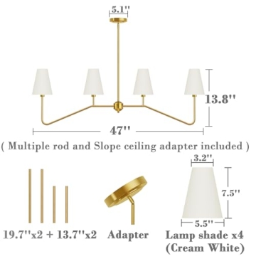Electro bp;47" W 4-Light Linear Kitchen Island Lighting Fixture Classic Chandeliers Polished Gold with White Linen Shades for Dining Table,E12,160W