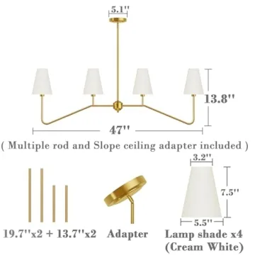 Electro bp;47" W 4-Light Linear Kitchen Island Lighting Fixture Classic Chandeliers Polished Gold with White Linen Shades for Dining Table,E12,160W